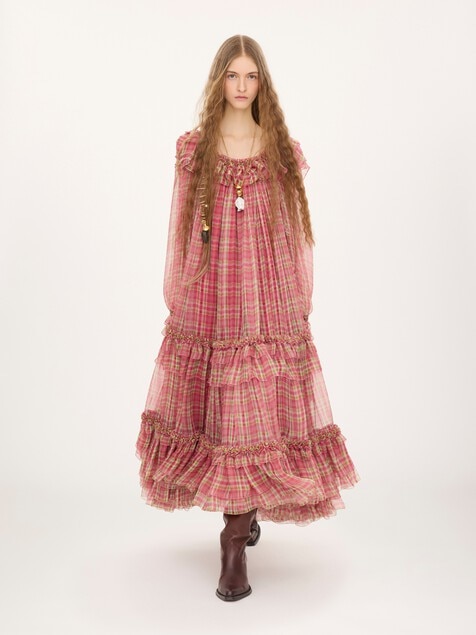 Square-neck midi dress in check silk mousseline