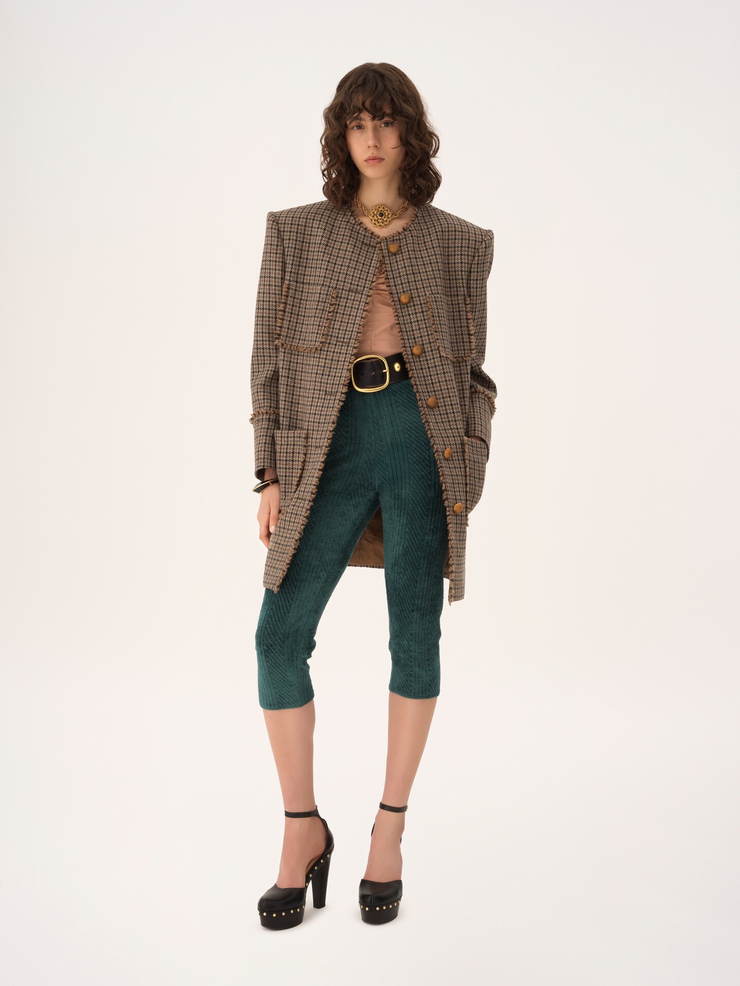 Single-breasted collarless coat in houndstooth wool - 3