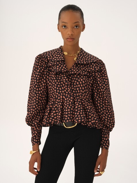 Top de volantes con escote en V de jacquard de seda