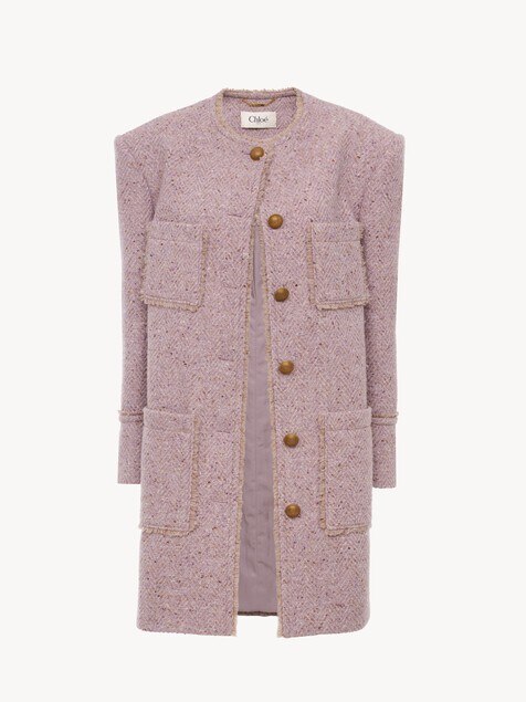 Manteau droit sans col en tweed chin&eacute; de laine