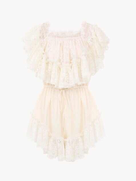 Mini off-the-shoulder playsuit in washed silk satin & lace