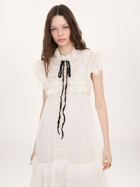 Tie-front ruffled long dress in silk mousseline & lace