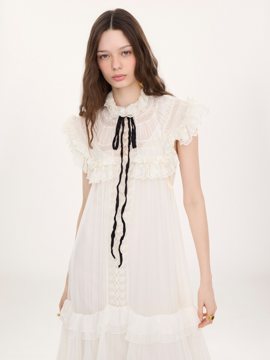 Tie-front ruffled long dress in silk mousseline & lace - 4