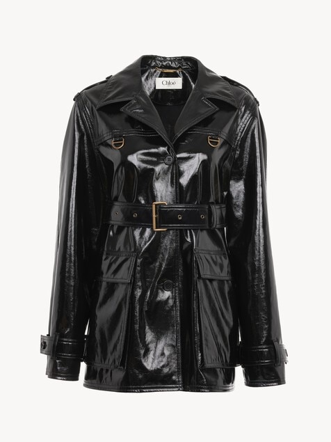 Belted jacket in shiny coated cotton