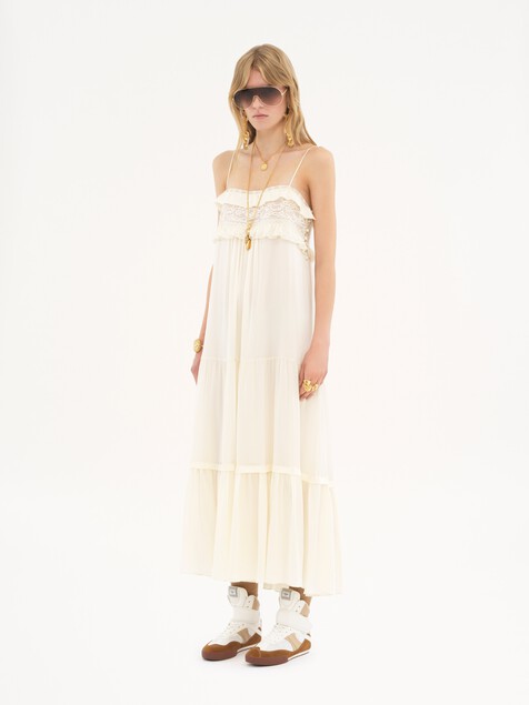 Sleeveless long dress in silk charmeuse