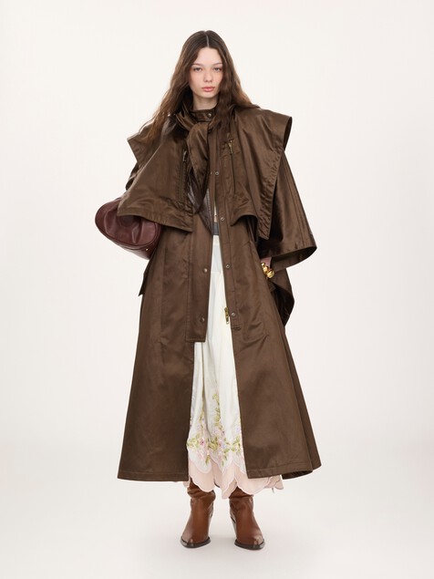 Hooded long cape coat in satin