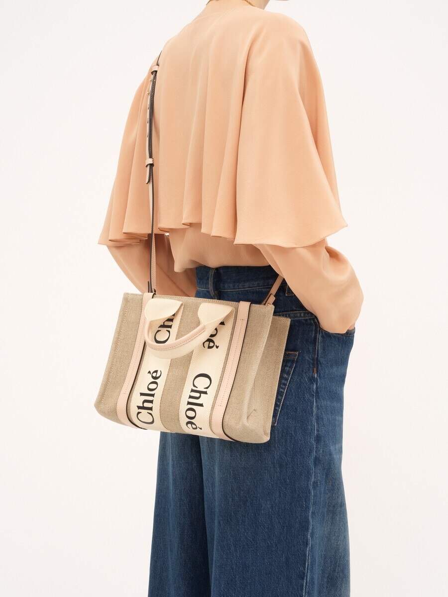 Small Woody tote bag in linen - 3
