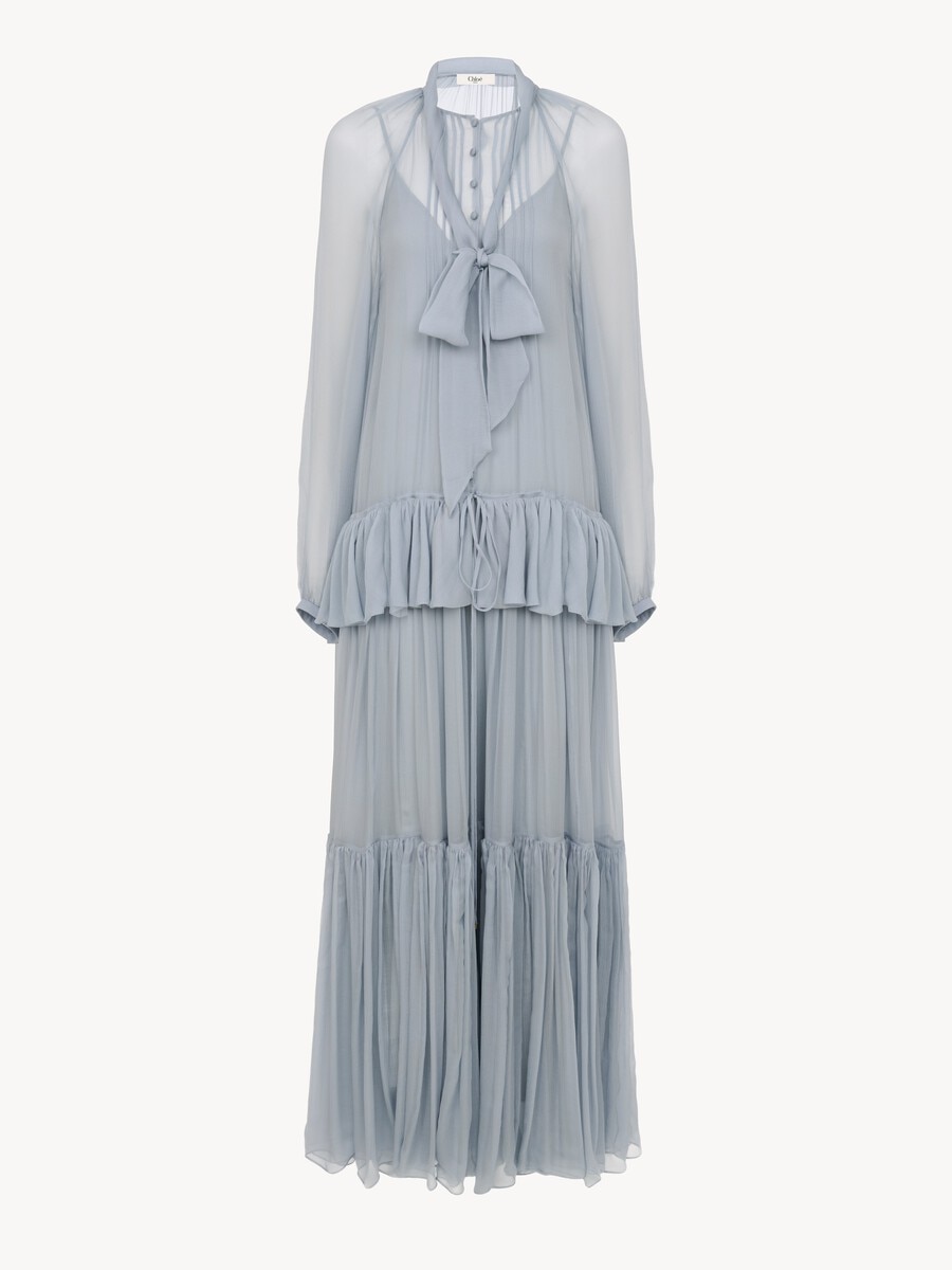 Fluid long dress in silk mousseline with lavalli&egrave;re tie - 2