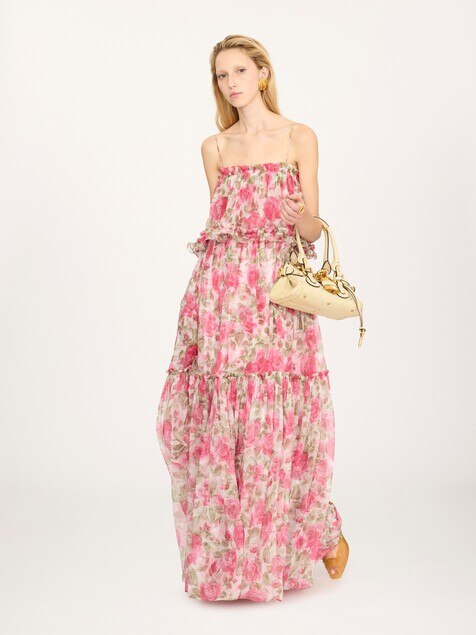 Thin-strap long dress in silk mousseline