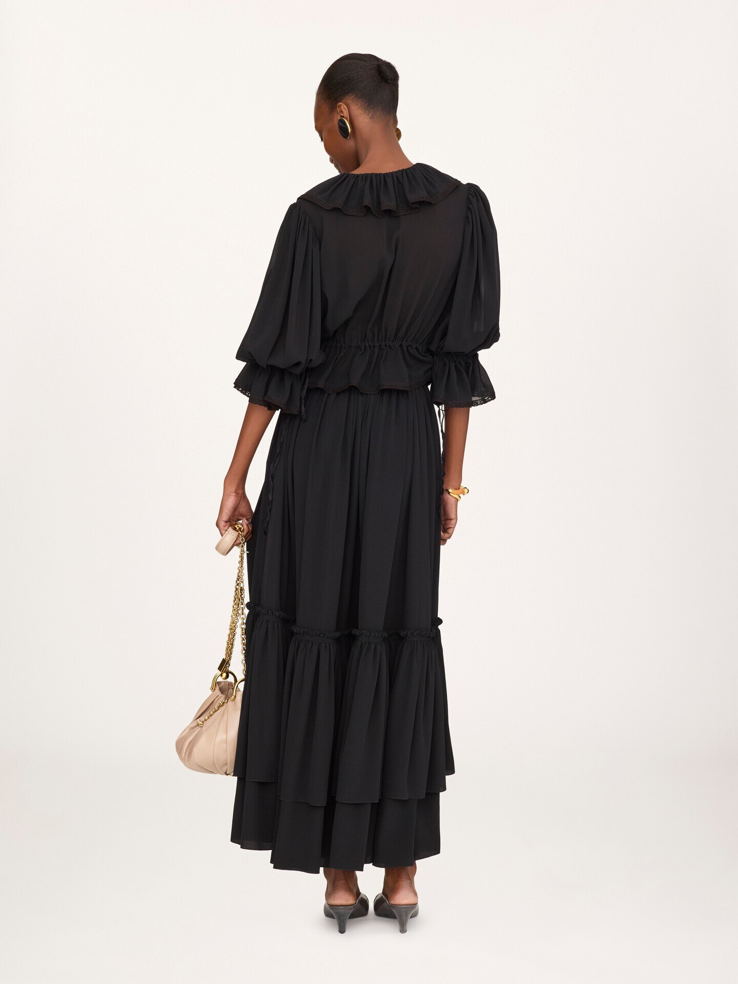 Ruffled long skirt in cr&ecirc;pe de chine - 5