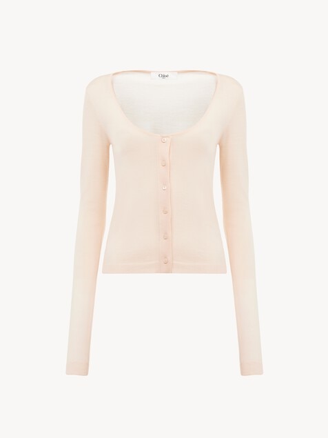 Scoop-neck fitted cardigan in superfine wool knit