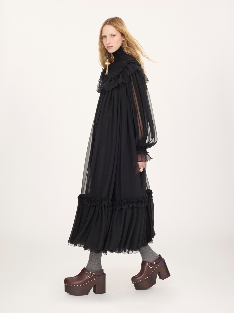 High-neck ruffled midi dress in silk mousseline - 7