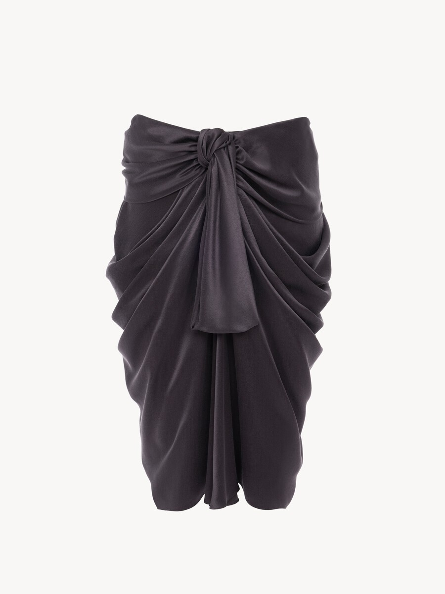 Jupe portefeuille mi-longue en satin de soie lav&eacute; - 2