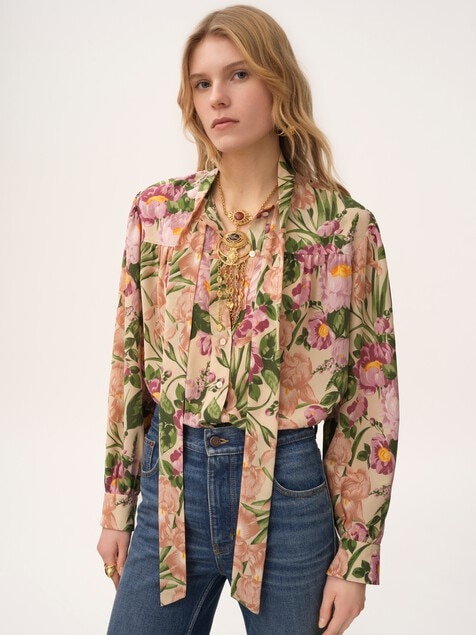 Maxi gathered lavalli&egrave;re blouse in cr&ecirc;pe de chine