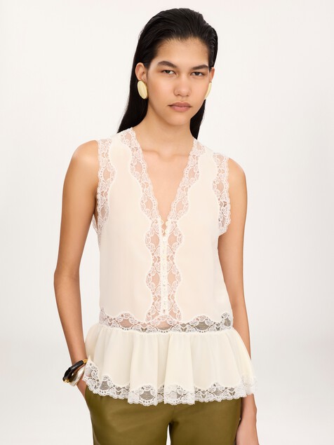 Top con p&eacute;plum sin mangas de crep&eacute; de seda china y encaje