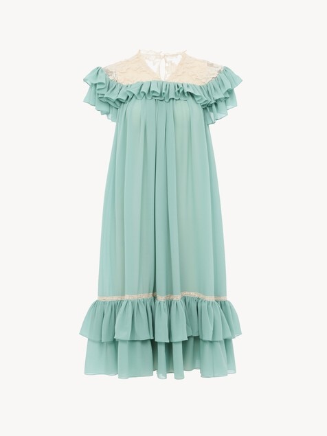 Short-sleeve mini dress in silk georgette & lace
