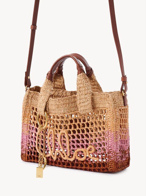 Small Summer Banana east-west tote bag with strap in raffia