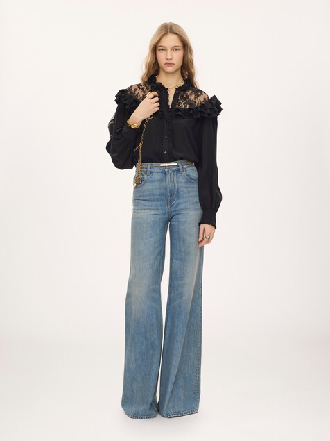 High-neck ruffled blouse in cr&ecirc;pe de chine & lace