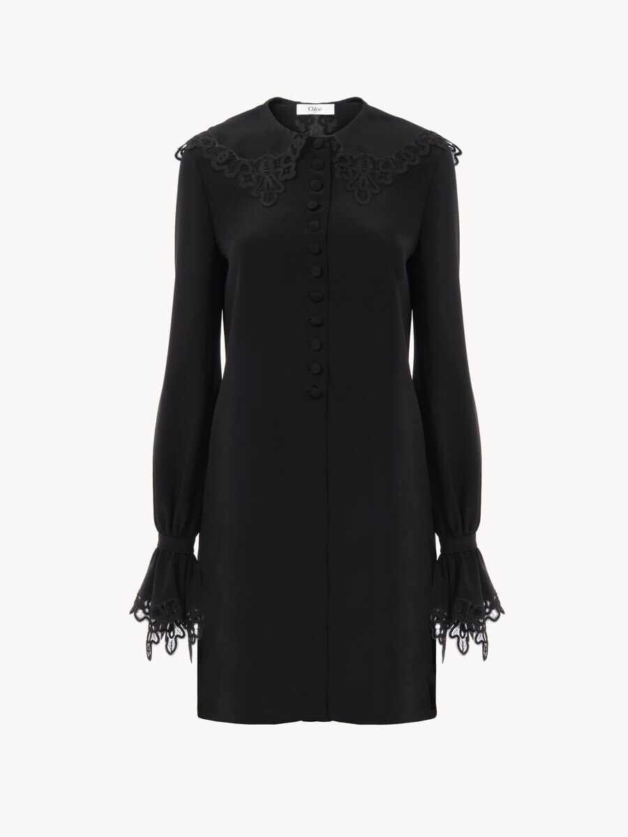 Long-sleeve mini dress in cr&ecirc;pe de chine & lace - 2