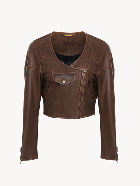 Cropped scoop-neck jacket in leather