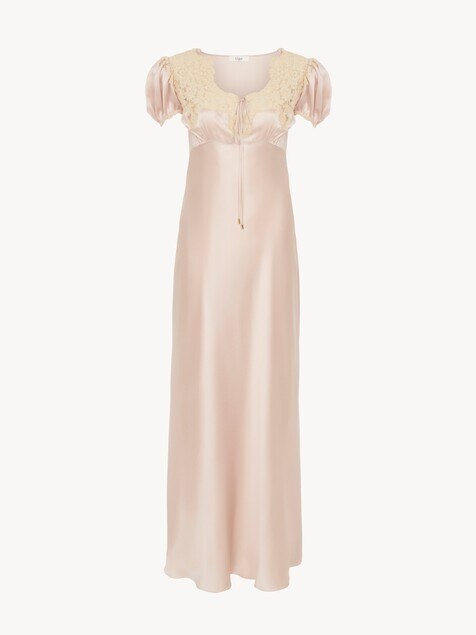 Puff-sleeve column dress in washed silk satin & lace