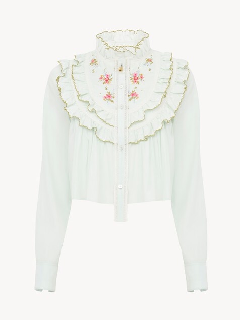 Cropped ruffled blouse in silk & cotton poplin