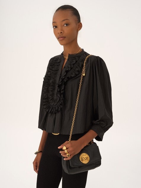 Gathered ruffled top in technical taffeta