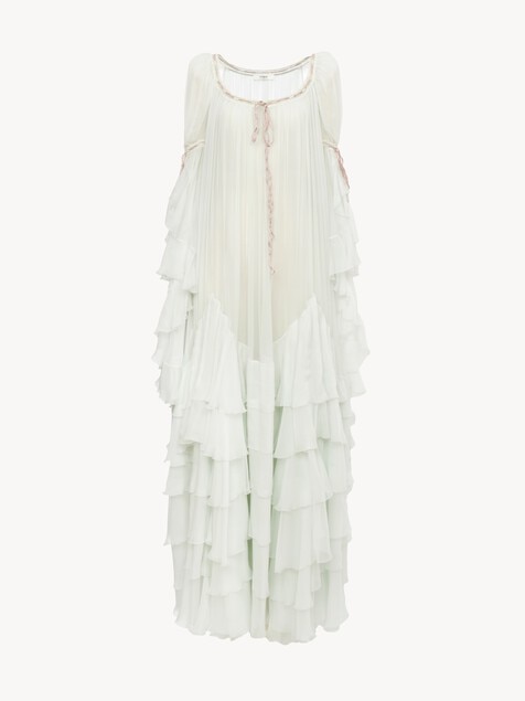 Oversized long ruffled dress in silk mousseline