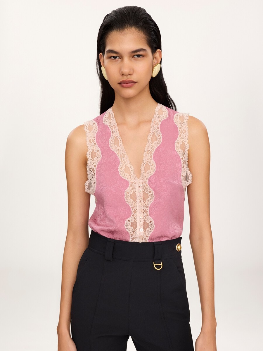 Top sans manches &agrave; basque en soie jacquard et dentelle - 3