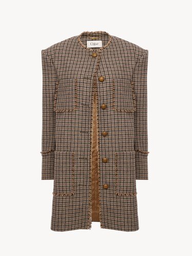 Single-breasted collarless coat in houndstooth wool - 2