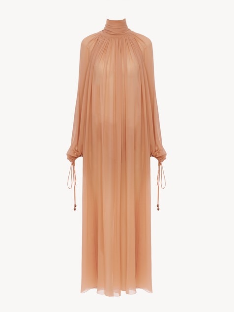 Mock-neck gathered long dress in silk georgette
