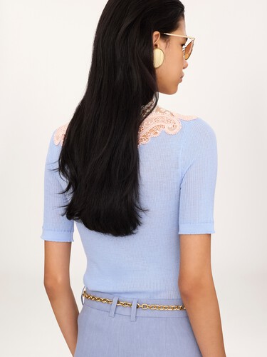 Elbow-sleeve fitted jumper in a wool knit & lace - 5
