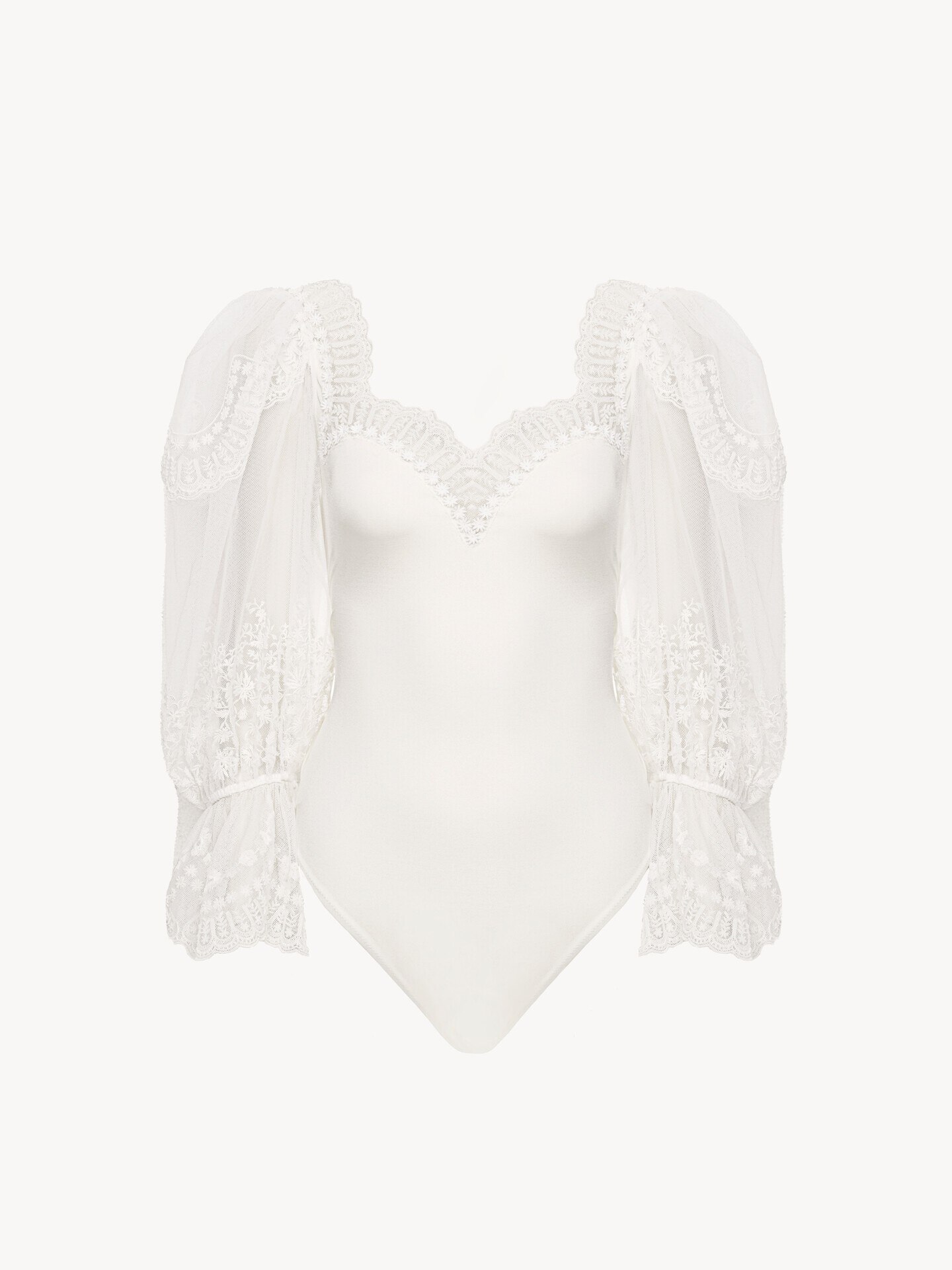 Body manches bouffantes en jersey stretch brillant et dentelle - 1