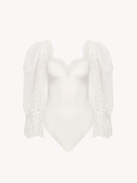Body manches bouffantes en jersey stretch brillant et dentelle