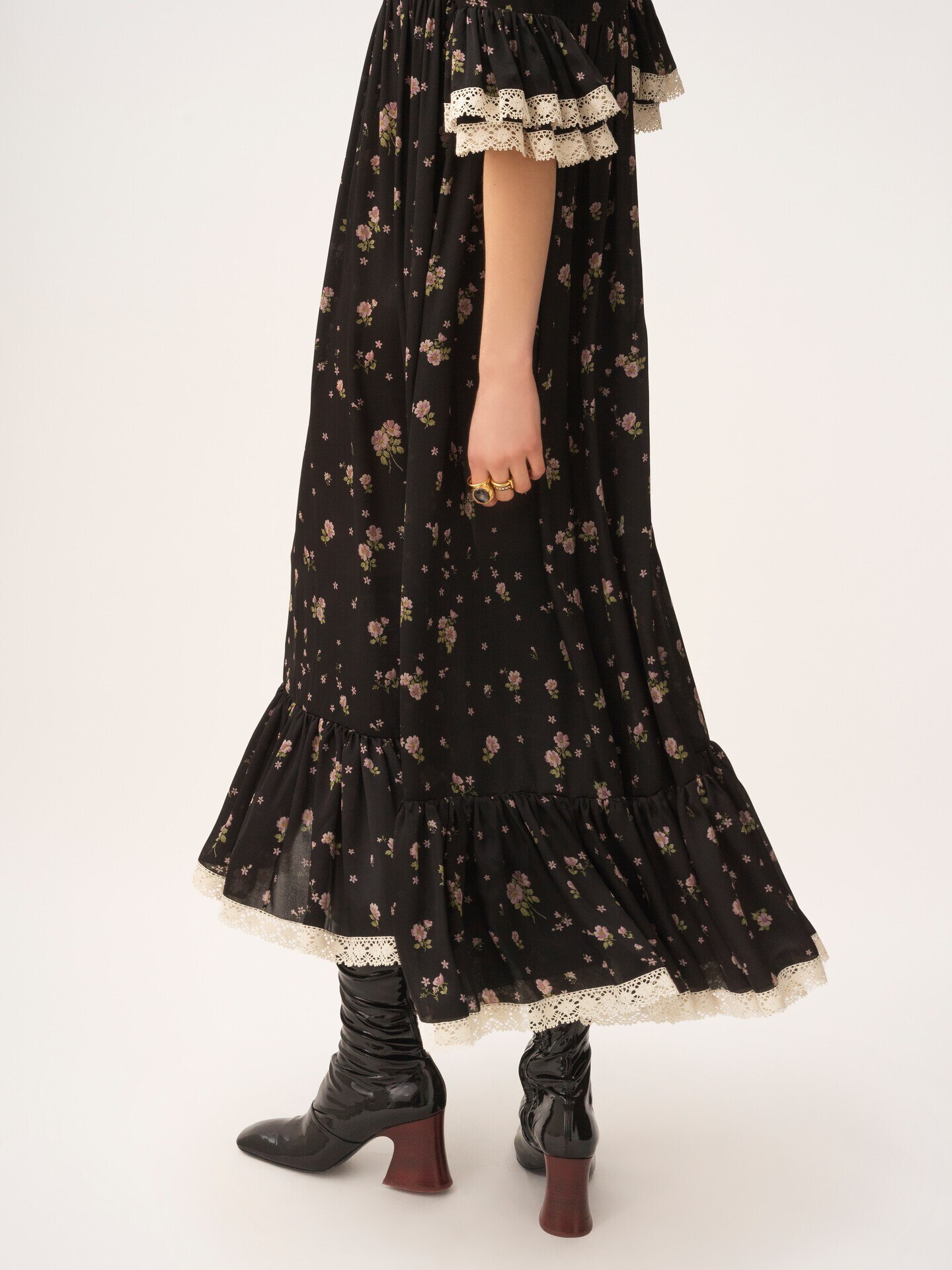 Vestido midi con cuello redondo de seda charmeuse y encaje - 6