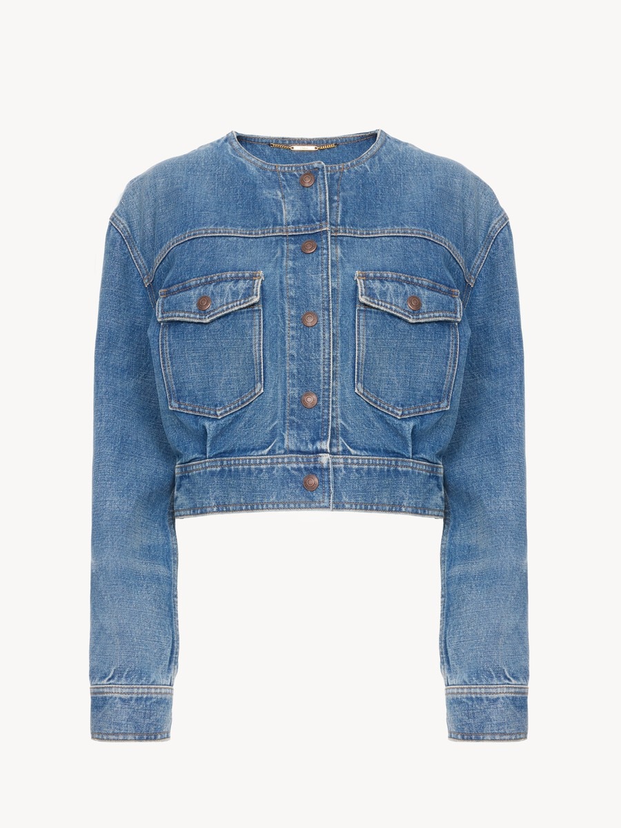 Chaqueta cropped sin cuello de tejido vaquero - 2