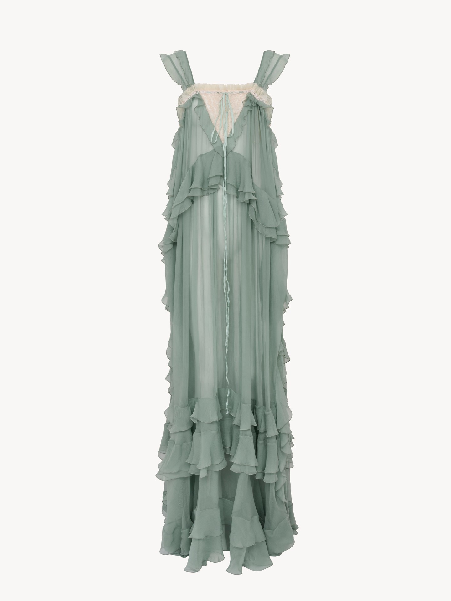 Sleeveless layered long dress in silk mousseline & lace - 2.0