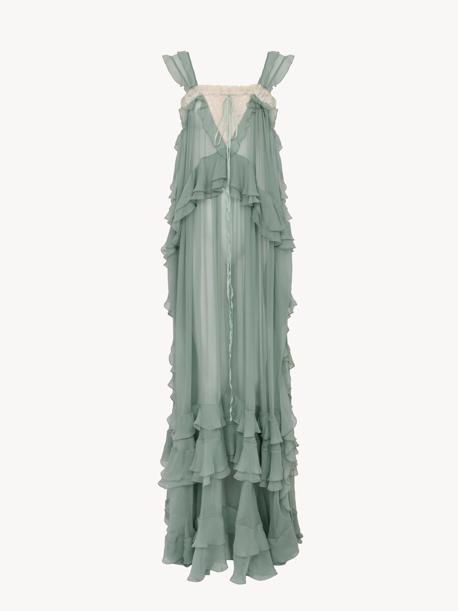 Sleeveless layered long dress in silk mousseline & lace - 2