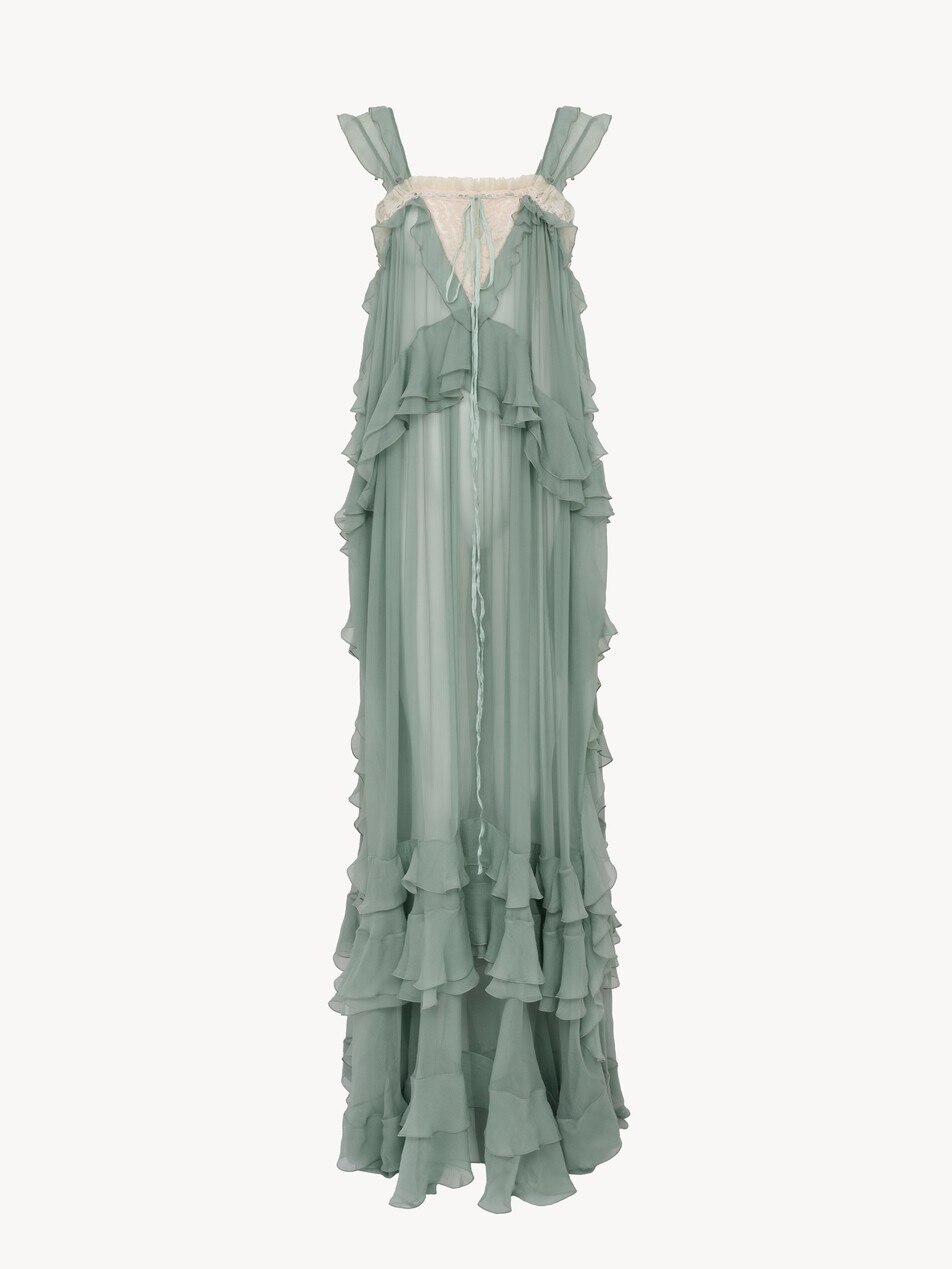 Sleeveless layered long dress in silk mousseline & lace - Packshot