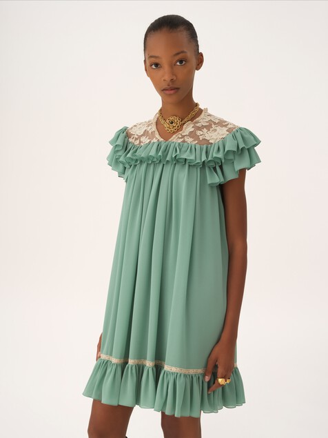 Short-sleeve mini dress in silk georgette & lace
