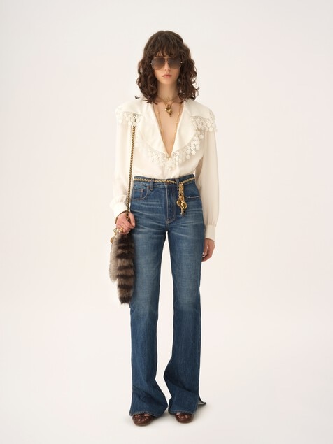 Blouse col oversize en soie jacquard et dentelle