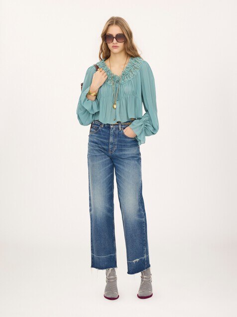 Scoop-neck cropped top in silk georgette & lace