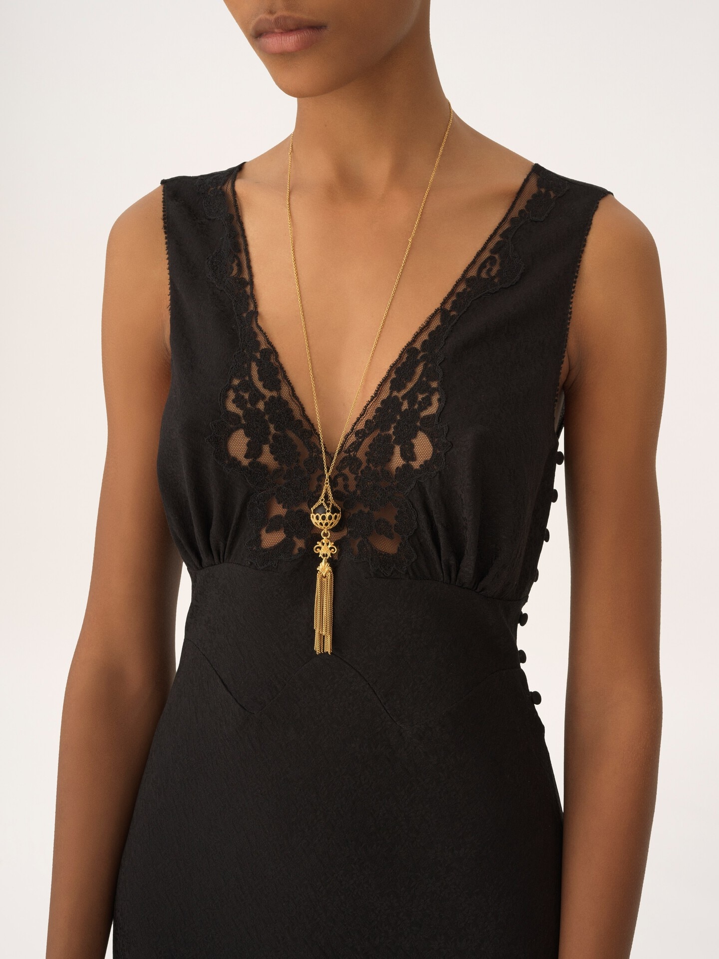 Sleeveless column dress in silk jacquard & lace - 5