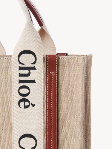 Small Woody tote bag in linen White - Brown - Chloé Small Woody tote bag in linen White - Brown - Chloé