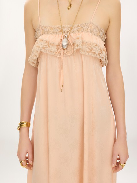 Thin-strap long dress in silk jacquard & lace