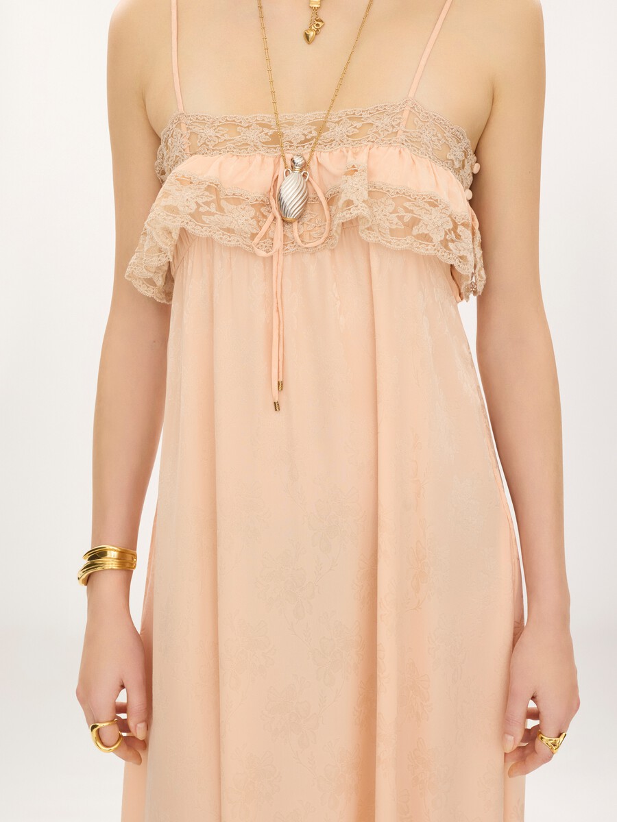 Thin-strap long dress in silk jacquard & lace - 4