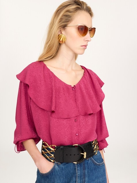Round-neck ruffle blouse in silk jacquard