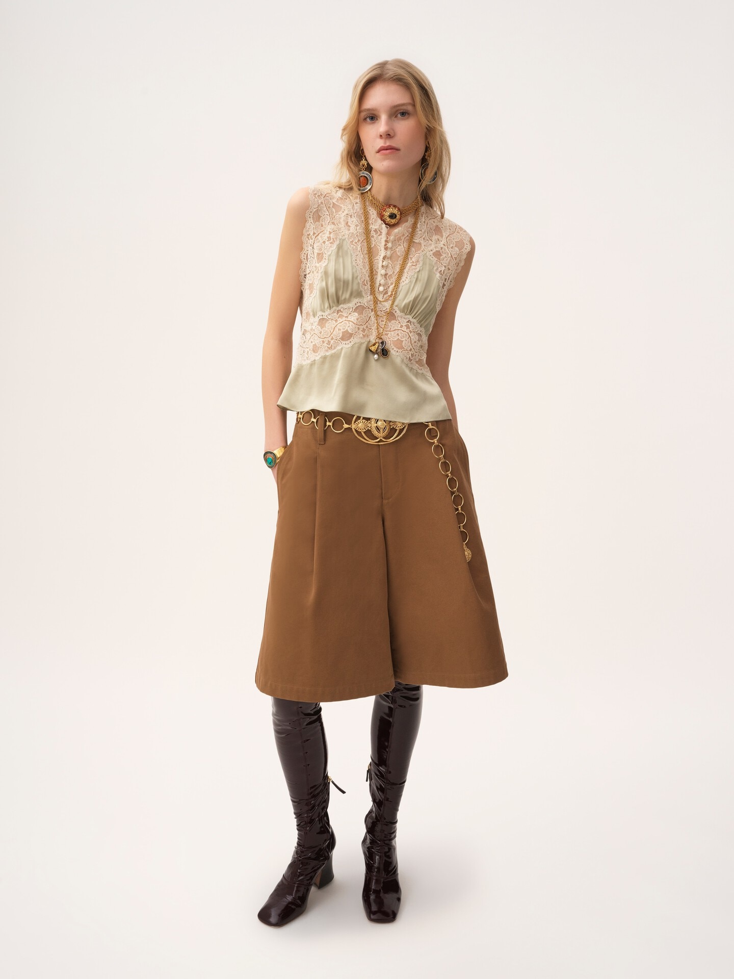 シルクサテン＆レース製Vネックトップス - 3