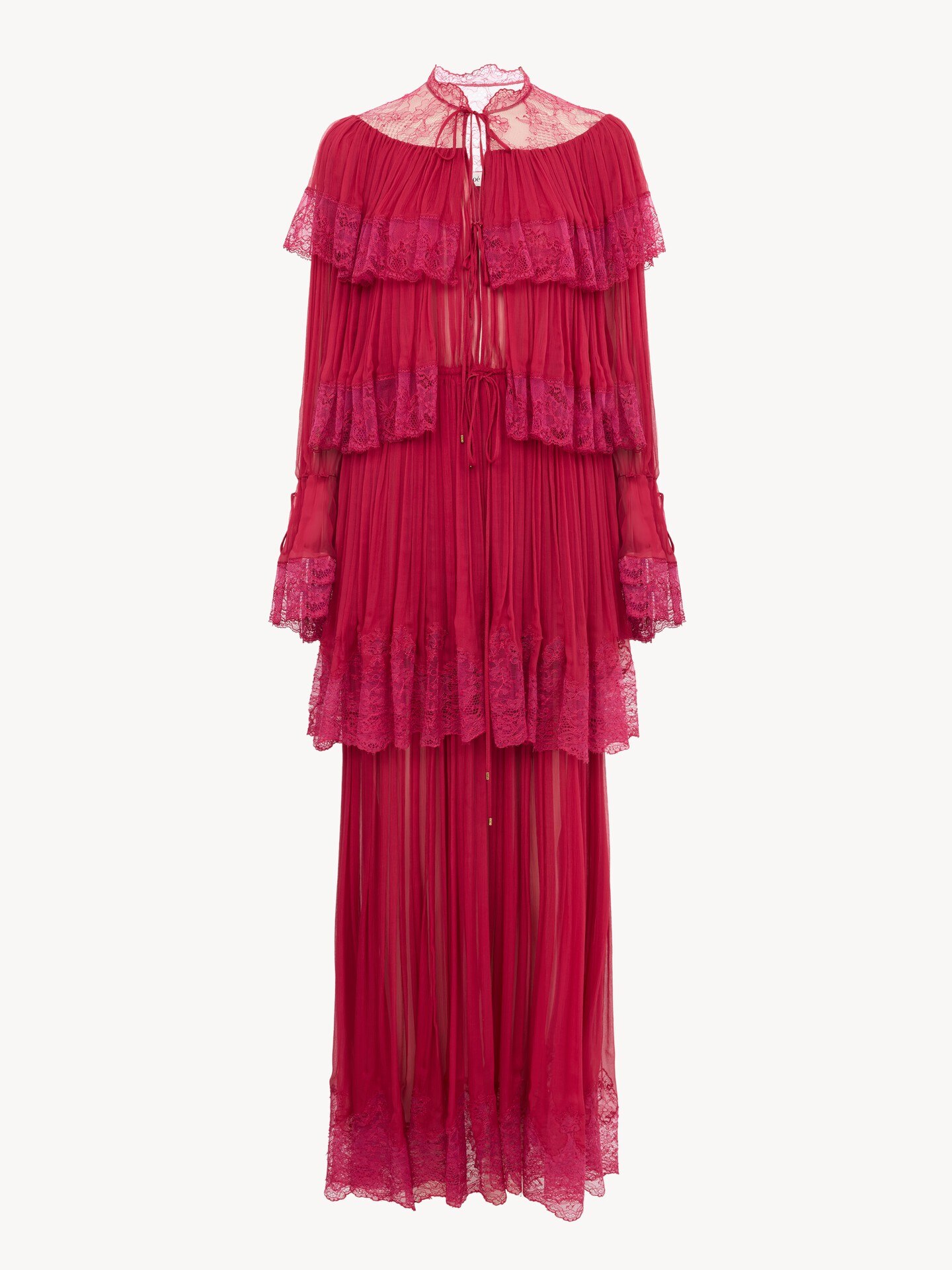Long ruffled dress in silk mousseline & lace - 2.0