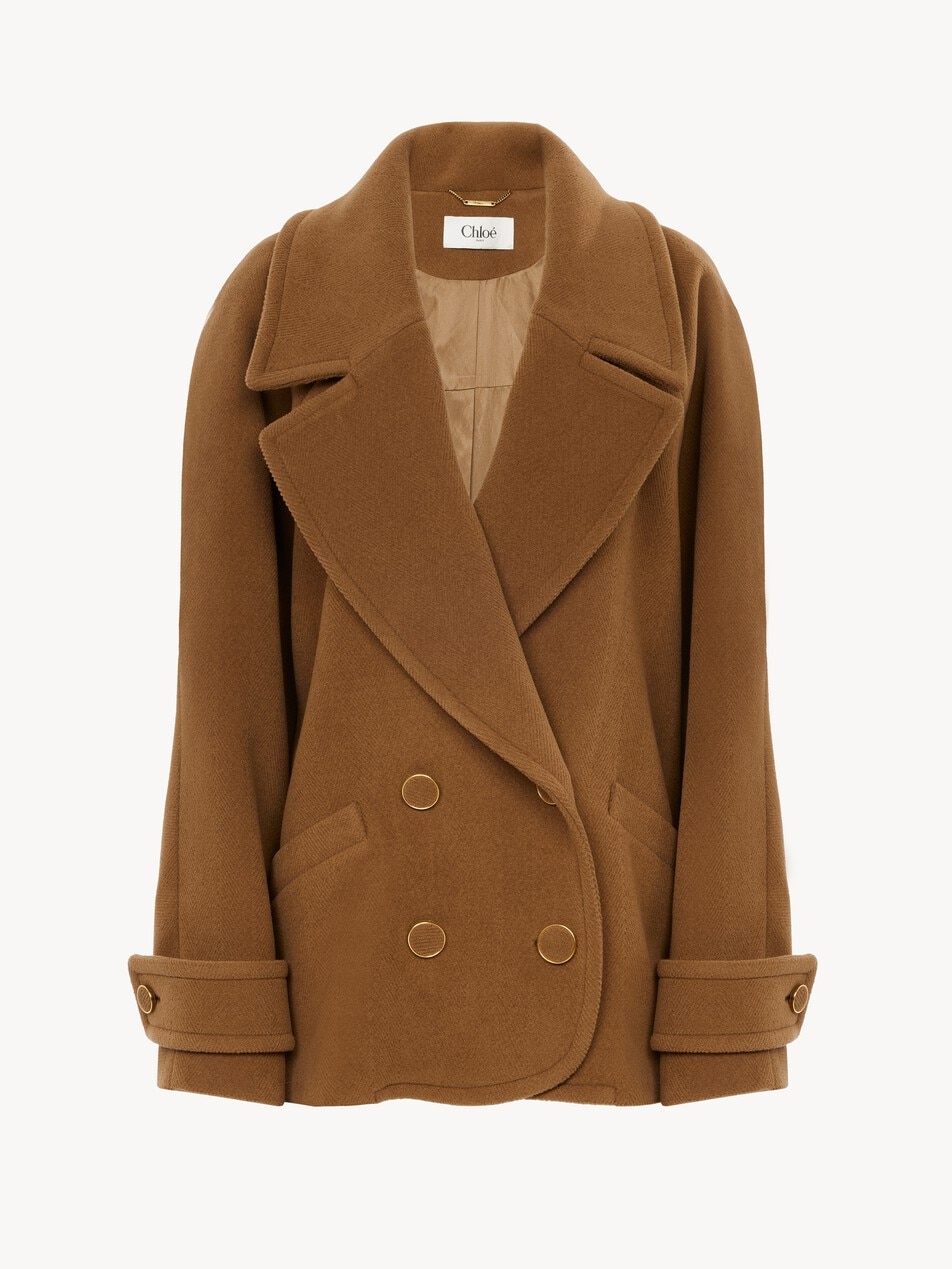 Double-breasted short coat in herringbone wool